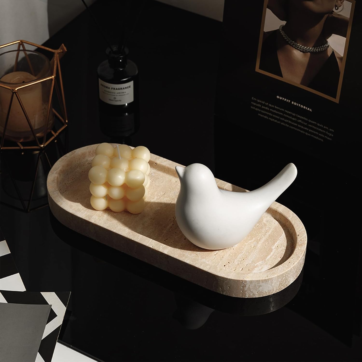 WORHE Marble Vanity Tray 11.8" x 5" Italy Natural Travertine Stone Decorative Trays for Jewelry Candles Perfume, Countertop Storage Organizer for Bathroom Dresser Kitchen Home Decor Beige (WH033)