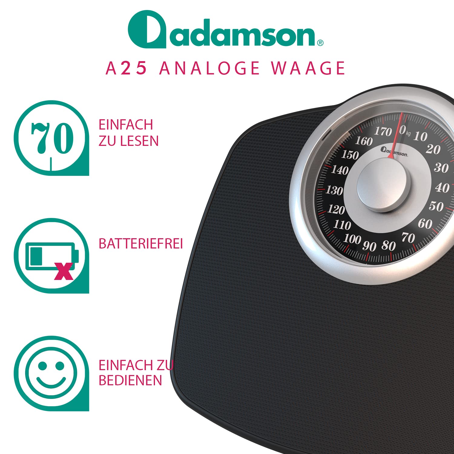 Adamson A25 Personenwaage – bis zu 180 kg – 5,3 Zoll Zifferblatt auf 31 x 30 cm großer Plattform – Rutschfeste Gummioberfläche – Hochpräzise analoge Personenwaage – Langlebig mit 20 Jahren Garantie