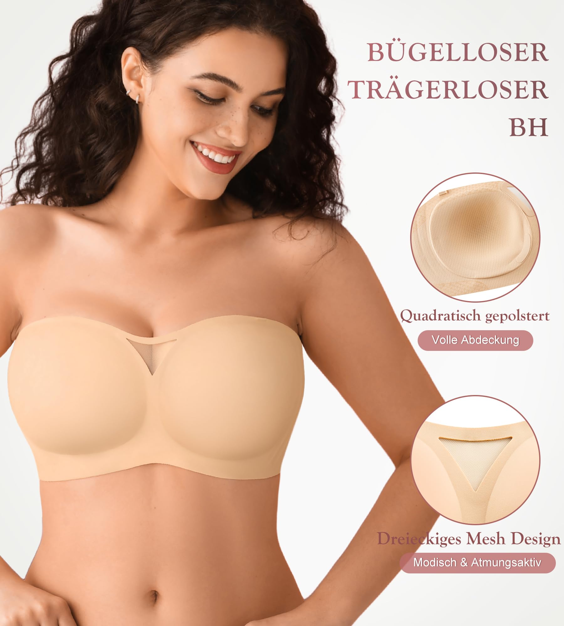 DEANGELMON Trägerloser BH Damen ohne Bügel Bandeau BH ohne Träger Push Up Strapless Bra Nahtloser BHS Gepolsterter Bralette mit Rutschfestes Silikon Seamless Tube Top