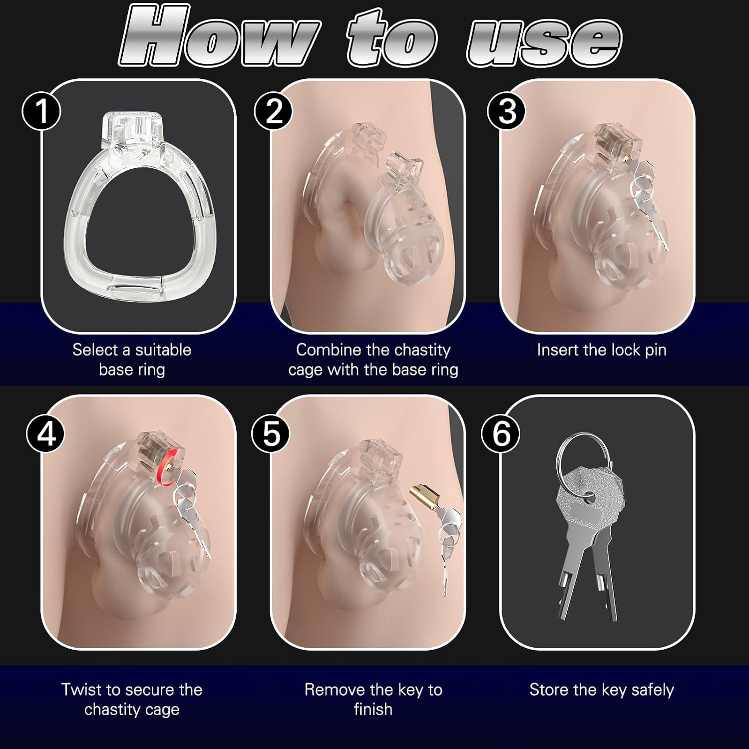 Male Chastity Cage Device, Soft Silicone Cock Cage with 6 Size Rings, Adjustable Straps, Lightweight Penis Lock, Erection Control, Long-Term Wear BDSM Bondage Gear, Sex Toys for Men Clear Transparent