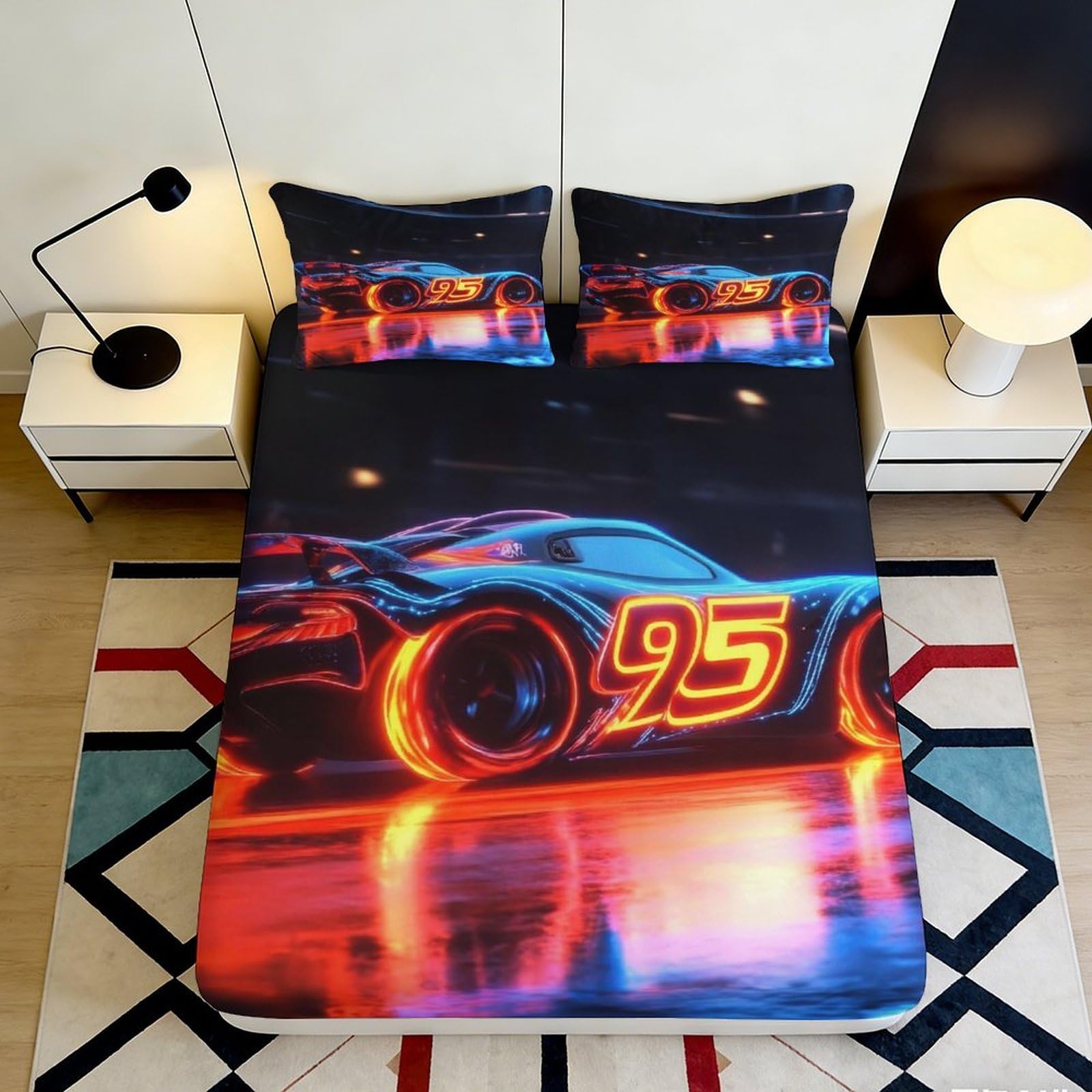 3D Printed Neon Race Car Fitted Sheet Microfiber Soft Breathable Lightning Pattern Mattress Cover for Bedroom Dorm Dormitory Guest Room Mattress Protection 160x200x25cm