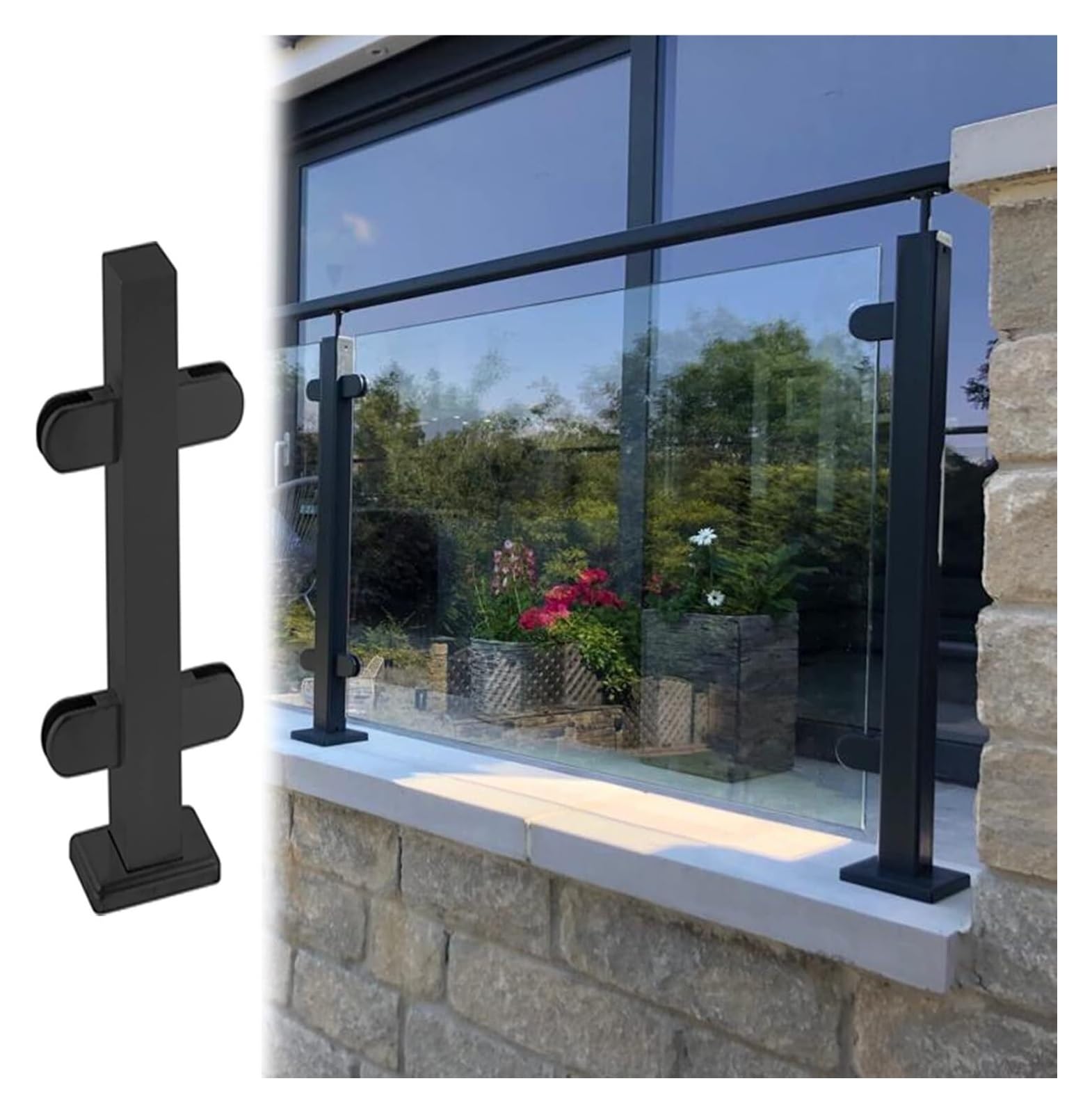 Balustrade Posts，Black Glass Balustrade Clamps，Commercial Heavy Duty Floor Standing Railing Post，Hallway Deck Landing Handrail(Black Mid Post,H 130cm/51.2in)