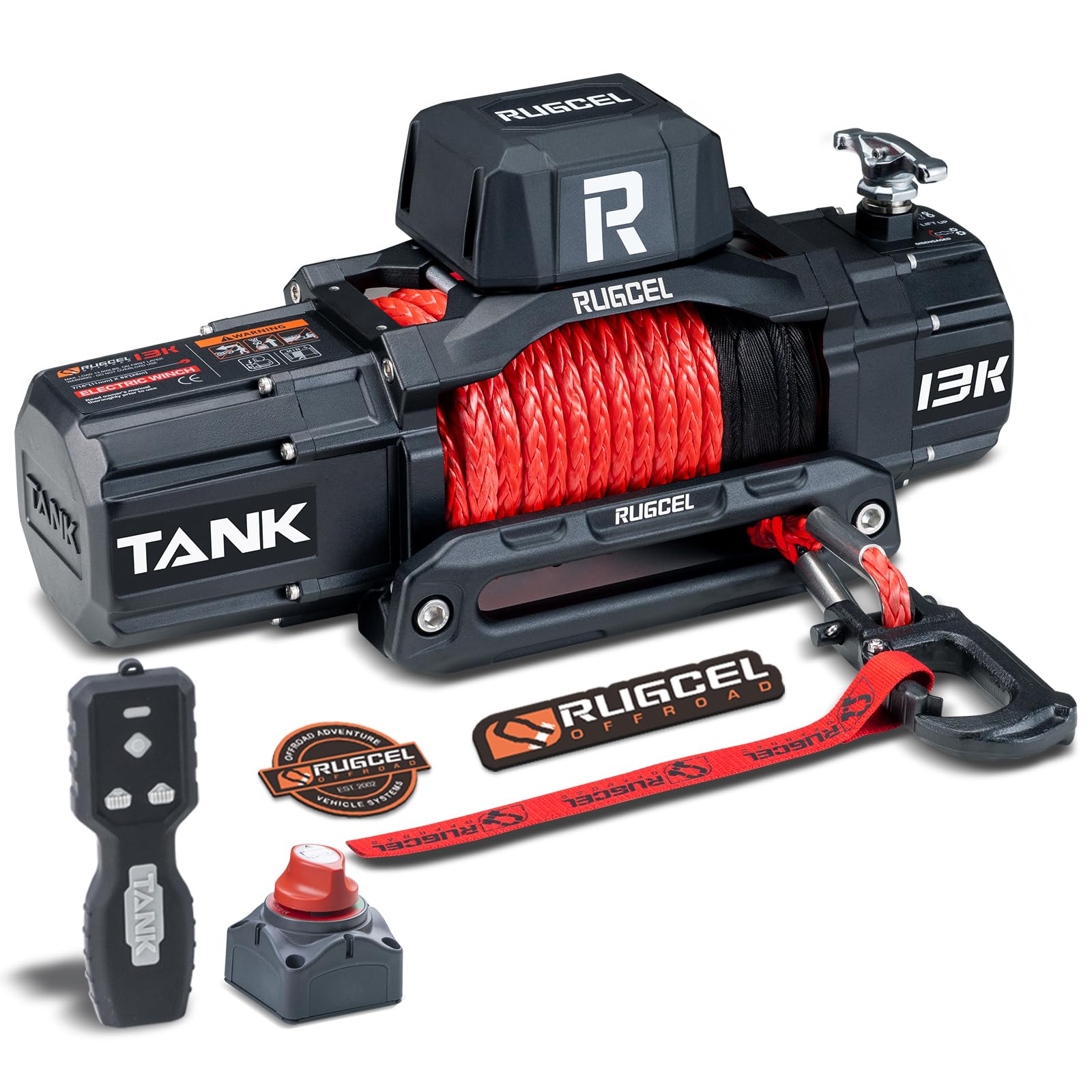 RUGCEL WINCH 13500lb New Waterproof Electric Synthetic Rope Winch 12V with Hawse Fairlead,2 in 1 Infrared Remote Control,Wired Control,Red Rope,for Truck SUV