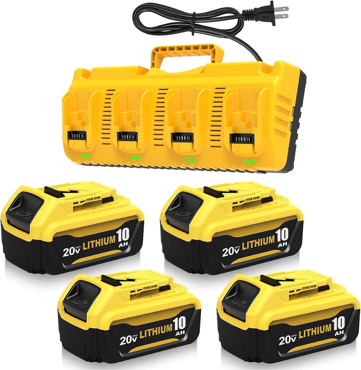 4 Packs DCB206 10.0Ah Replacement for Dewalt 20V Battery and DCB104 4-Port Charger Compatible with Dewalt 20V Battery 10.0Ah Lithium Ion DCB207 DCB204 DCB200 DCB201 DCB203 Series Power Tool(10.0Ah+C)