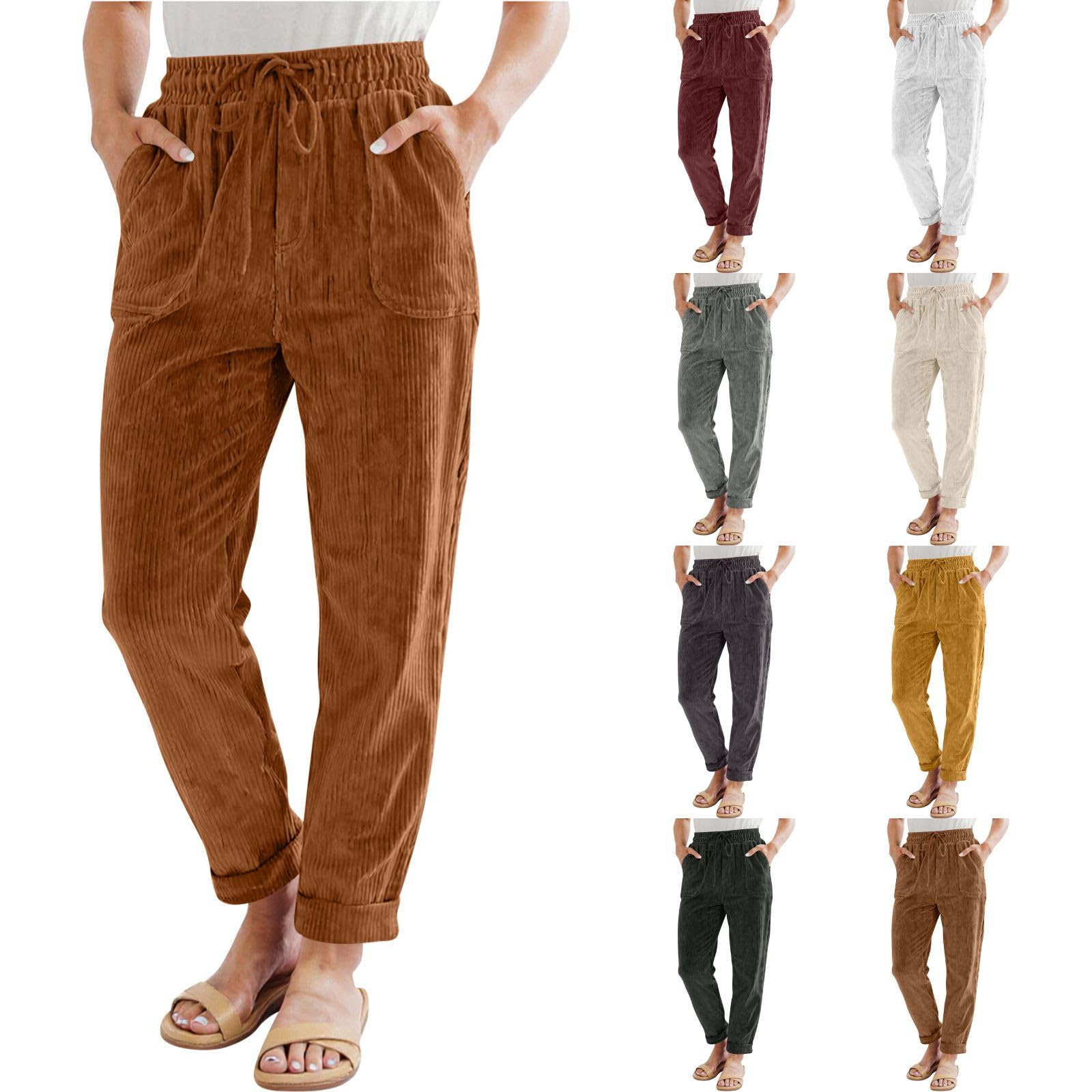 Straight Leg Corduroy Pants Women Elastic High Waist Pull On Work Pants Slim Fit Business Casual Slacks with
