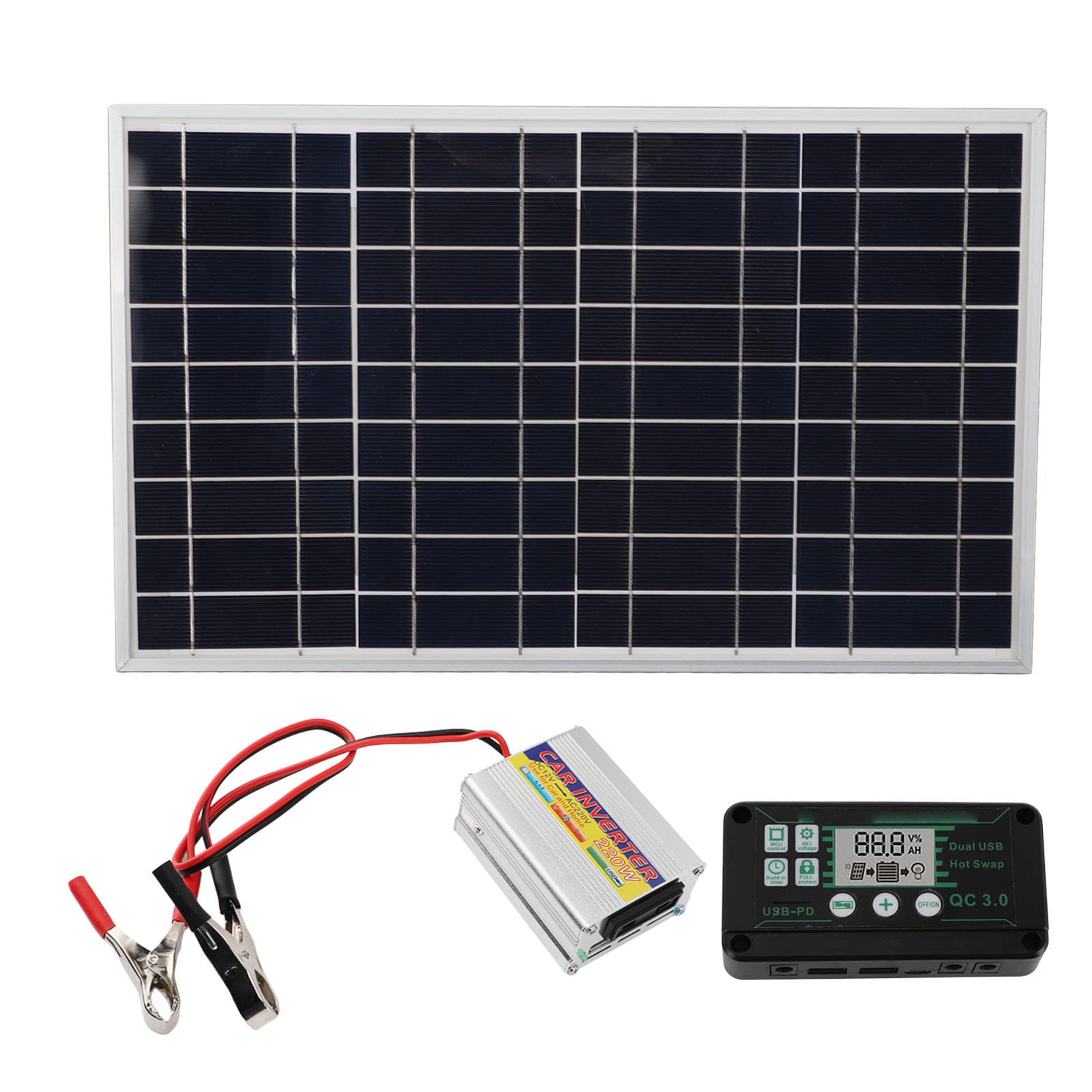 Cryfokt Zestaw Paneli Słonecznych 30W z Regulatorem MPPT, Przetwornica | Zestaw solarny Off Grid, ładowarka akumulatorów 12 V, regulowany uchwyt montażowy, przenośny zasilacz do samochodu