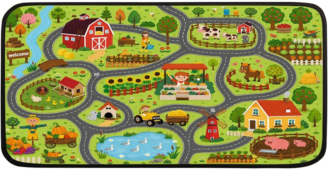 Kids Farm Play Mat,Car Rugs for Kid's Toy Cars,Non-Slip Educational Play Mat Track Carpet for Kid's Room Bedroom Nursery