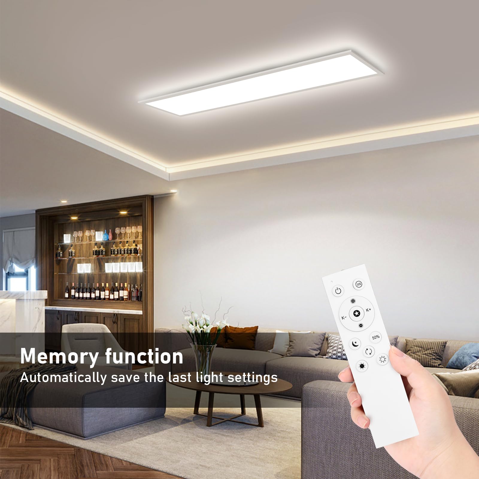 Led Deckenleuchte Panel, 120x30 cm Deckenlampe Flach Dimmbar mit Fernbedienung, 40W Deckenpanel Lampe mit Memory Funktion, 3000K-6500K LED Lichtpanel für Wohnzimmer, Flur, Schlafzimmer, Weiß