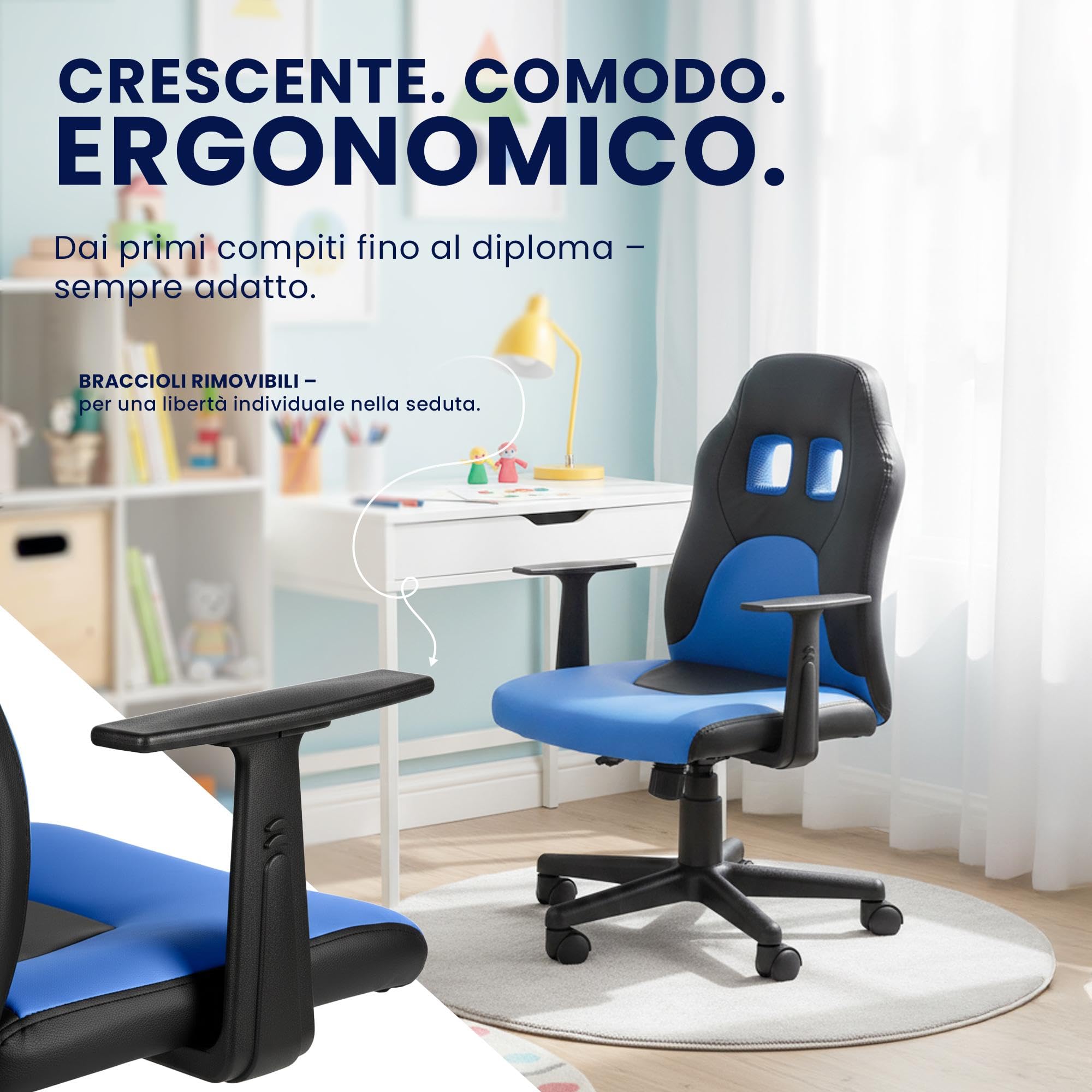 CLP Sedia ergonomica per bambini e ragazzi Fun, poltrona regolabile in altezza con rivestimento in ecopelle, braccioli rimovibili, Colore:nero/blu
