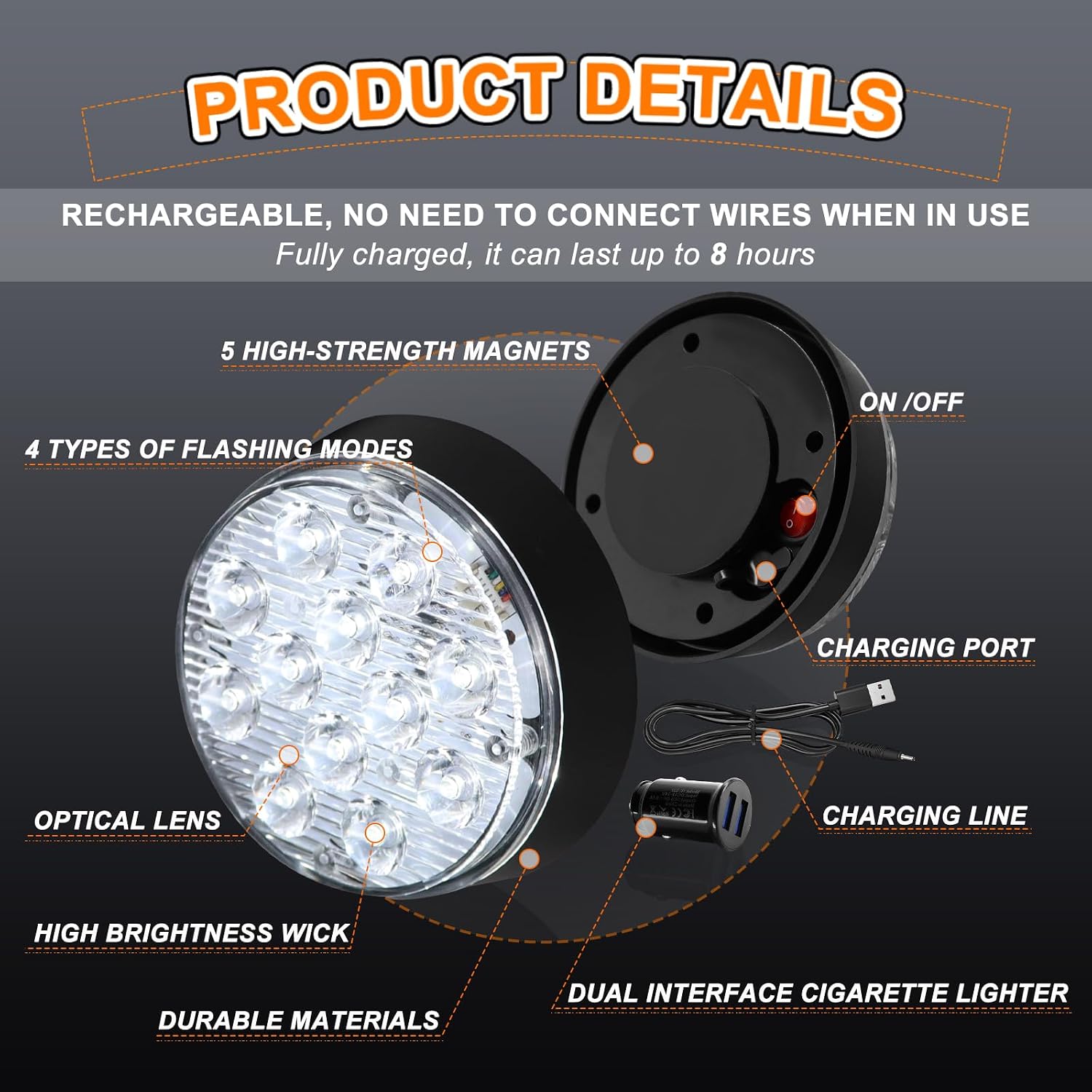 2PCS Battery Operated LED Emergency Strobe Lights, Rechargeable Magnetic Strobe Flashing Lights for Vehicles, Wireless LED Amber White Road Flares Hazard Safety Warning Lights for Trucks Cars