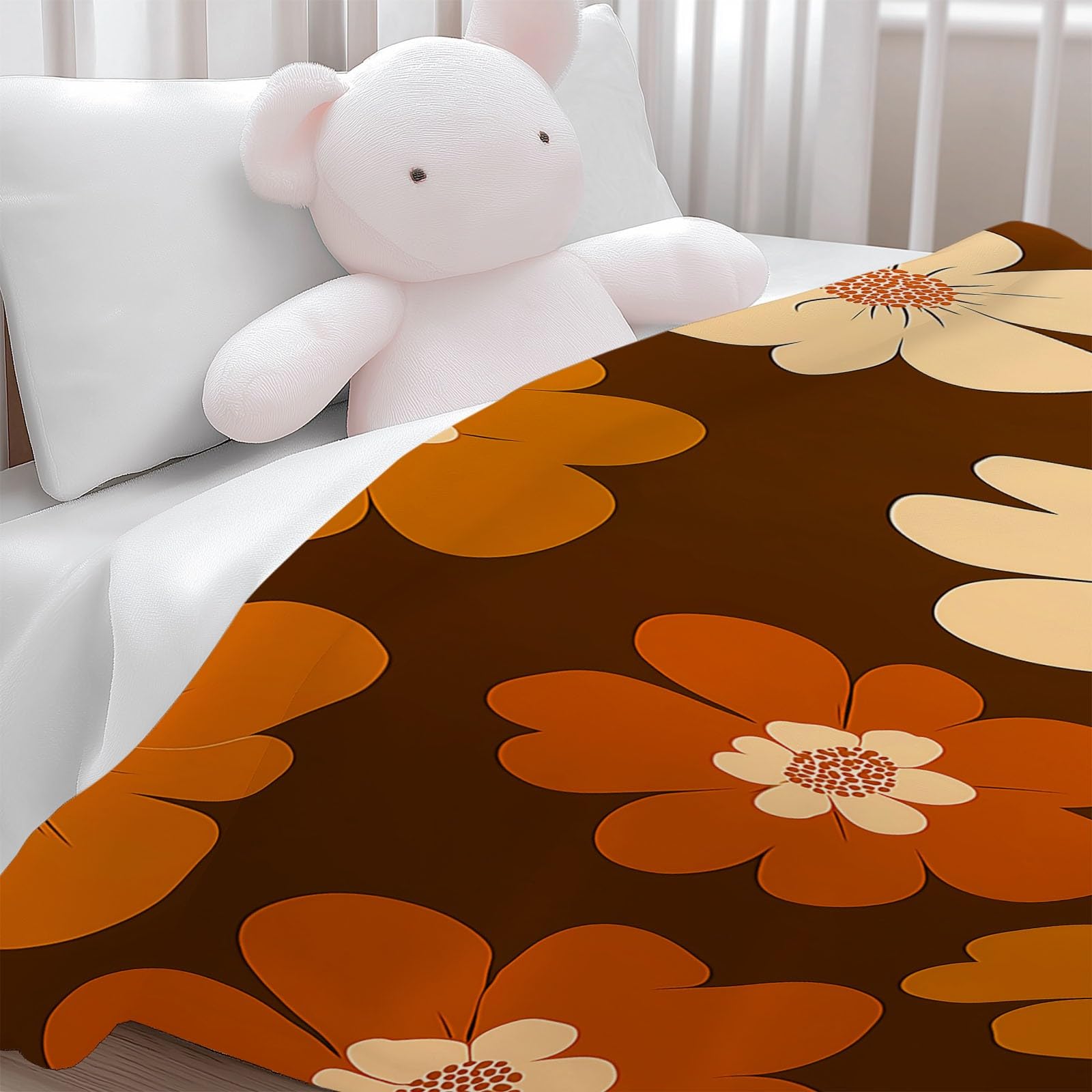 Générique Brązowy koc flanelowy dla dziewczynek dzieci i dorosłych, 200 x 200 cm, puszysty ciepły nadruk proste kwiaty retro koc na sofy Łóżko podróżne
