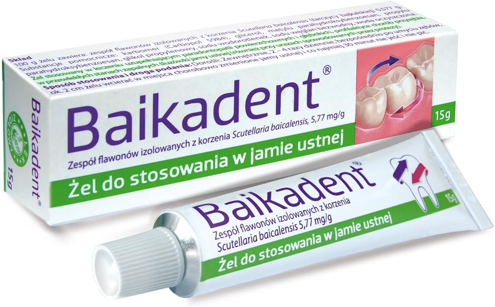 BAIKADENT - 15 G -gel - is a gel for application to gums in case of periodontal diseases. Indications for application: in supportive treatment of superficial and deep periodontopathies in prophylaxis of periodontal diseases in chronic inflammatory states of mouth mucosa (also those caused by dentures)