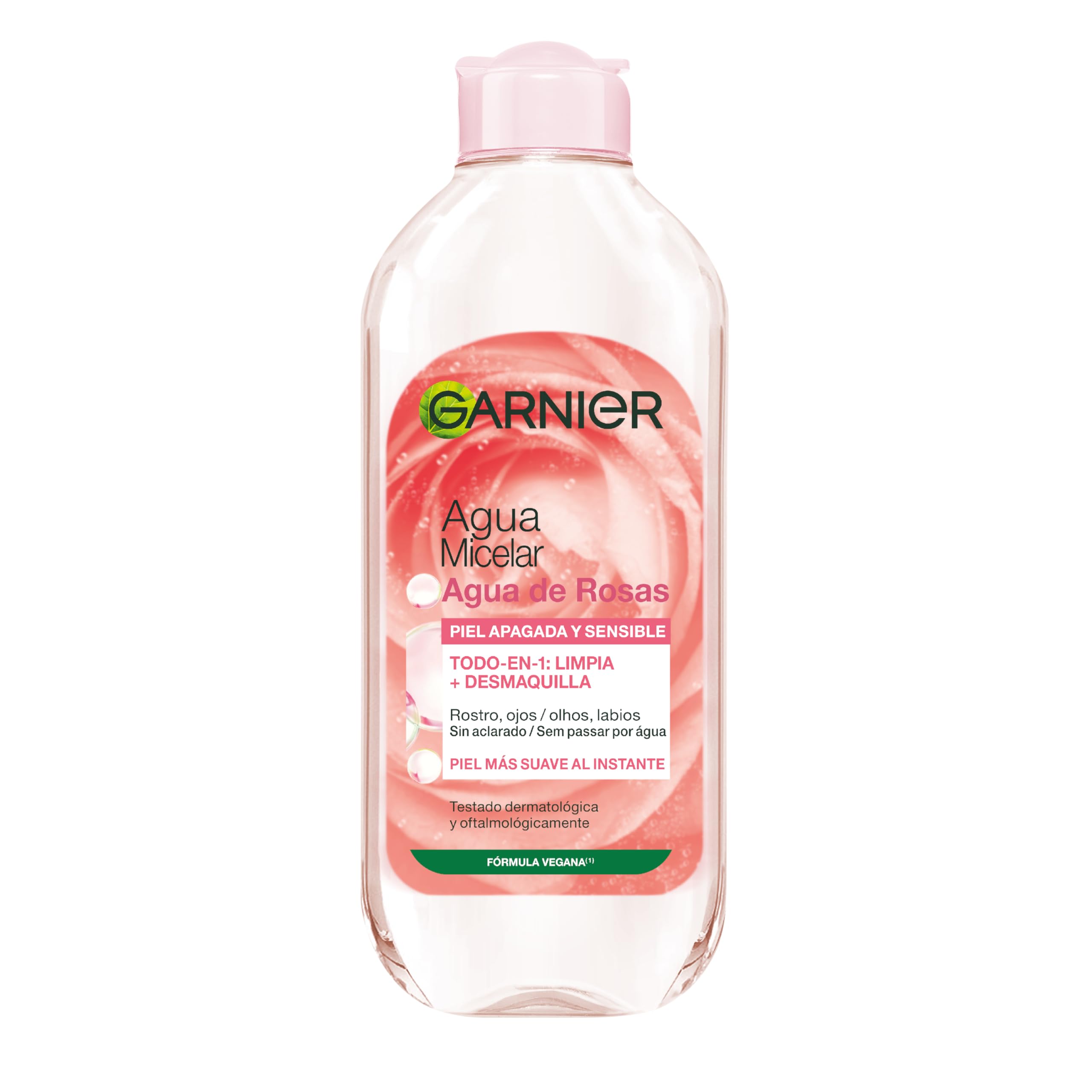 Garnier Agua Micelar con Agua de Rosas Todo en 1 para pieles apagadas y sensibles - Piel más suave al instante - Hipoalergénica - Cruelty-Free International y Vegana 400 ml