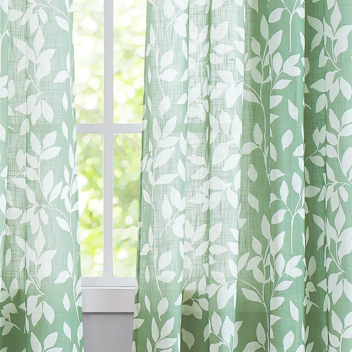 Treatmentex Weiße Druckvorhänge für Wohnzimmer, 160 cm Länge, grün, halbdurchsichtig, Blätter, Vorhänge für Fenster, Ösen, 2 Stück