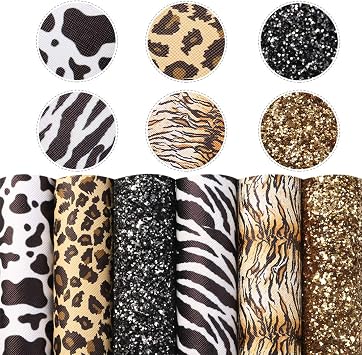 Leopard Cow Animal Pattern Faux Leather Sheet Synthetic Leather Sheet 6Pcs 7.7" x 12.9" 20 cm x 33 cm for DIY Projects Assorted