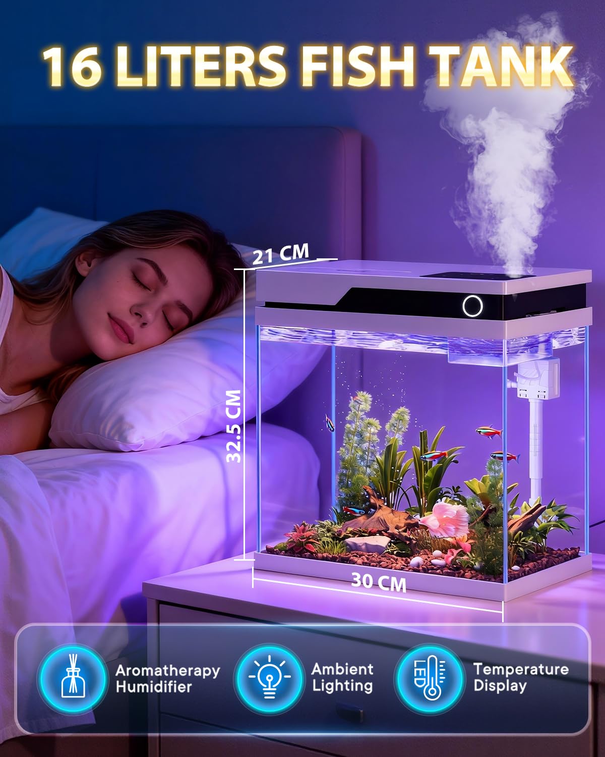 Vehipa Acquario per Pesci Rossi da 16L, Completo Acquario con Alimentatore Automatico, Pompa Silenziosa 4 in 1, Illuminazione Regolabile, Display della Temperatura e Umidificatore