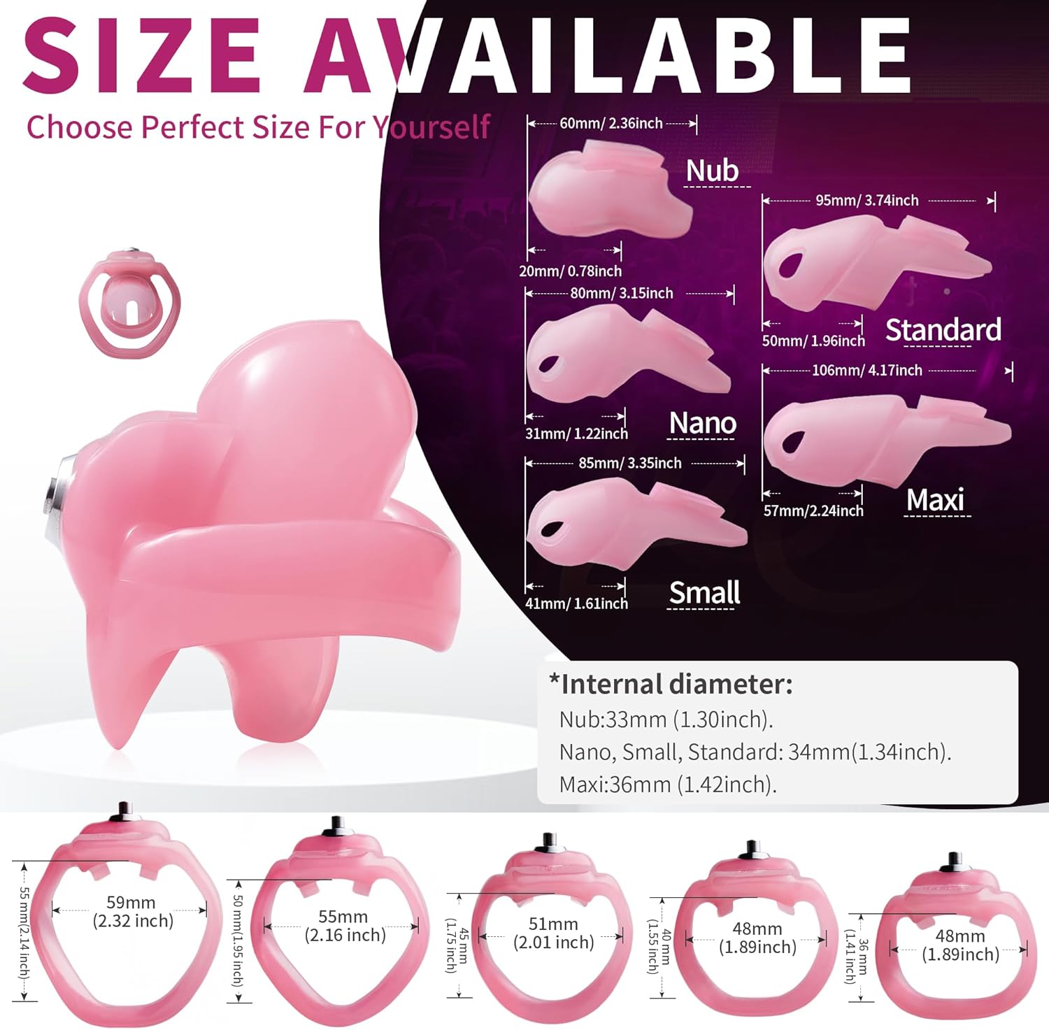 FYJENNICC HT-V5 Male Chastity Cage - Lightweight Resin Male Chastity Cage with Click&Lock Key | Ergonomic Design| Bondage Gear &Adult Sex Toy for Men – Includes 5 Ring Sizes (Pink, Nub)