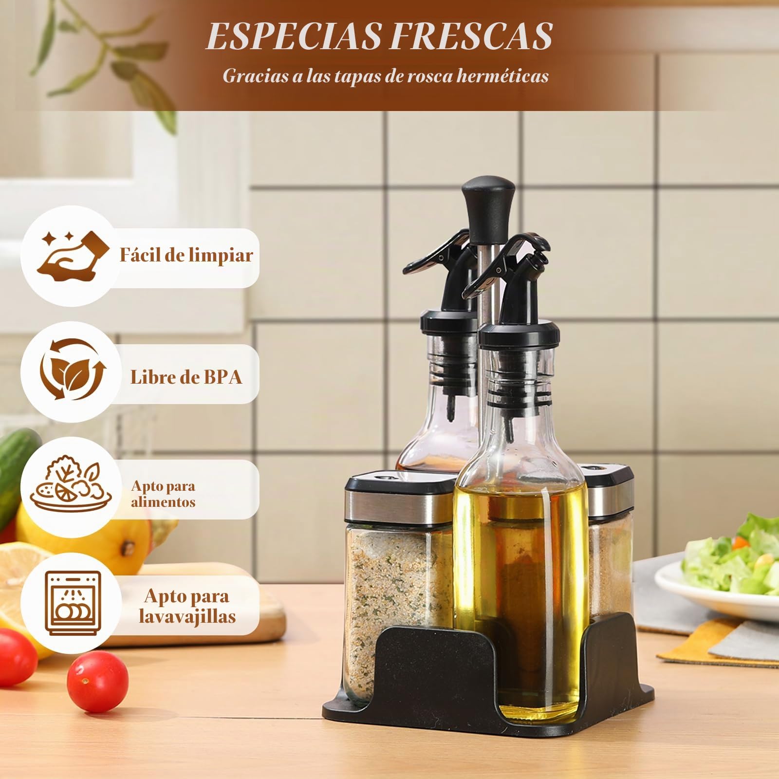 Botella de aceite y vinagre&Pimentero y salero | Botella de aceite y vinagre 200 ml*2, Pimentero y salero 120 ml*2, Con embudo y cepillo de cerdas duras