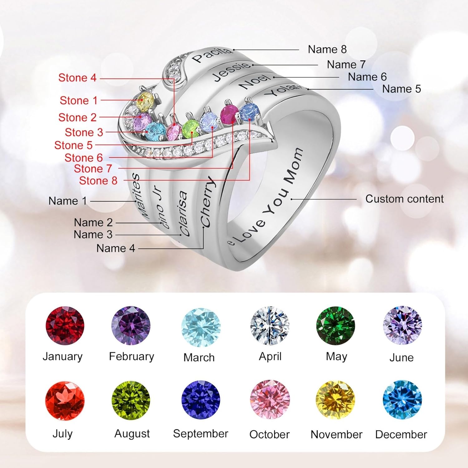 Personalized 925 Sterling Silver Mothers Ring with 1-8 Birthstones,Customized Engraved Name Family Rings,Family Jewelry Gifts for Mom Wife Grandma (8 Birthstones)