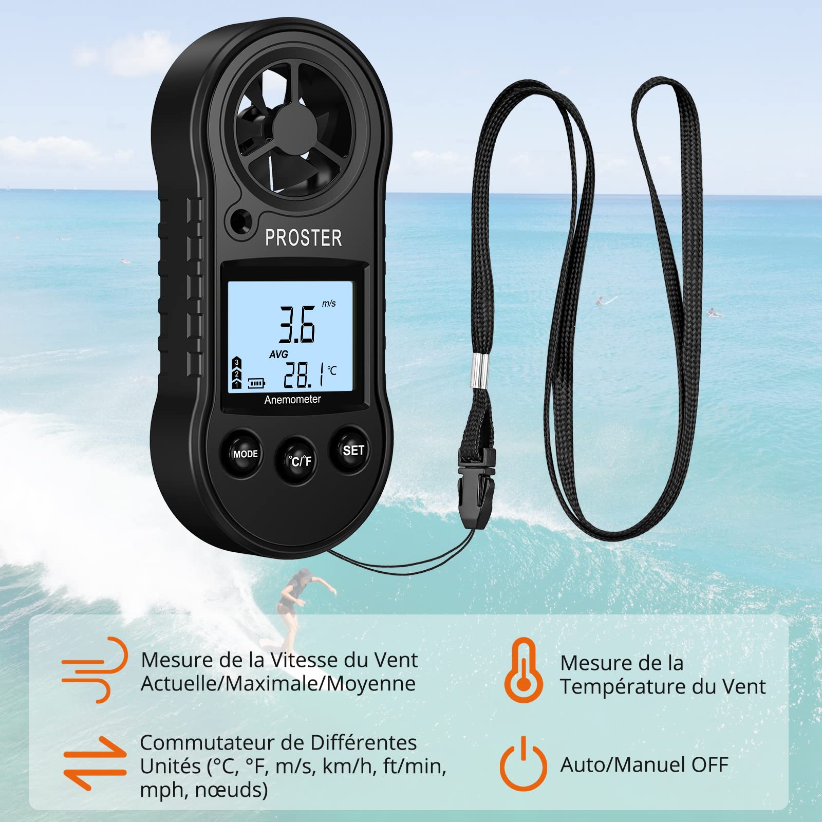 Proster Anémomètre Portable Numérique 5 Unités Écran LCD Anemometre sans Fil Mesure de Vitesse Température Vent pour Planche à Voile Randonnée Météorologie Marine Activités de Plein Air