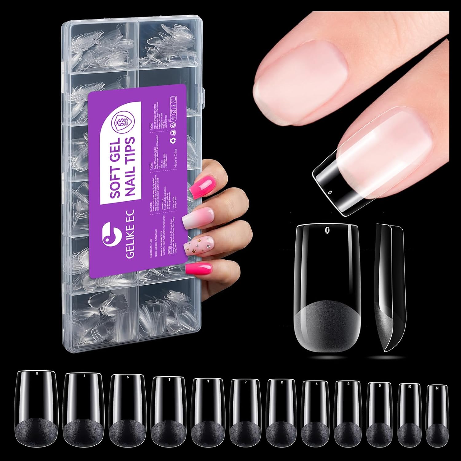Gelike ec Nageltips 552 Stück Fake Nails Transparent,Pre-Buff PMMA Harz Künstlich Nagelspitzen Nails Tips in 12 Größen Künstliche Nägel Square Zum Aufkleben Nail Art Starter DIY-Medium Square
