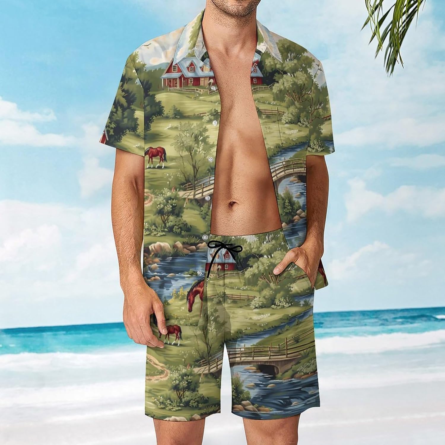 Farmhouse Bridge Horse Scene Men's Summer Beach Outfits Shirt And Shorts Set 2 Piece Vacation Swimwear