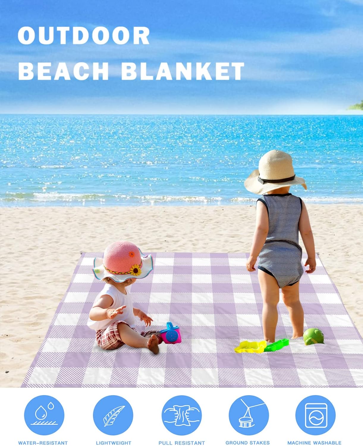 Farmhouse Light Purple White Buffalo Check Beach Blanket Waterproof Sandproof Outdoor Picnic Mat 108"x84" Tartan Gingham Lightweight Large Beaach Blankets with 4 Stake & 4 Corner Pockets