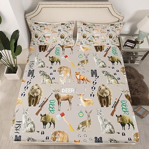 Miniatura 76 de Sábana bajera ajustable de oso de caza, juego de ropa de cama a cuadros de búfalo, sábanas de retazos de cabaña rústica para niños, niños, Multi