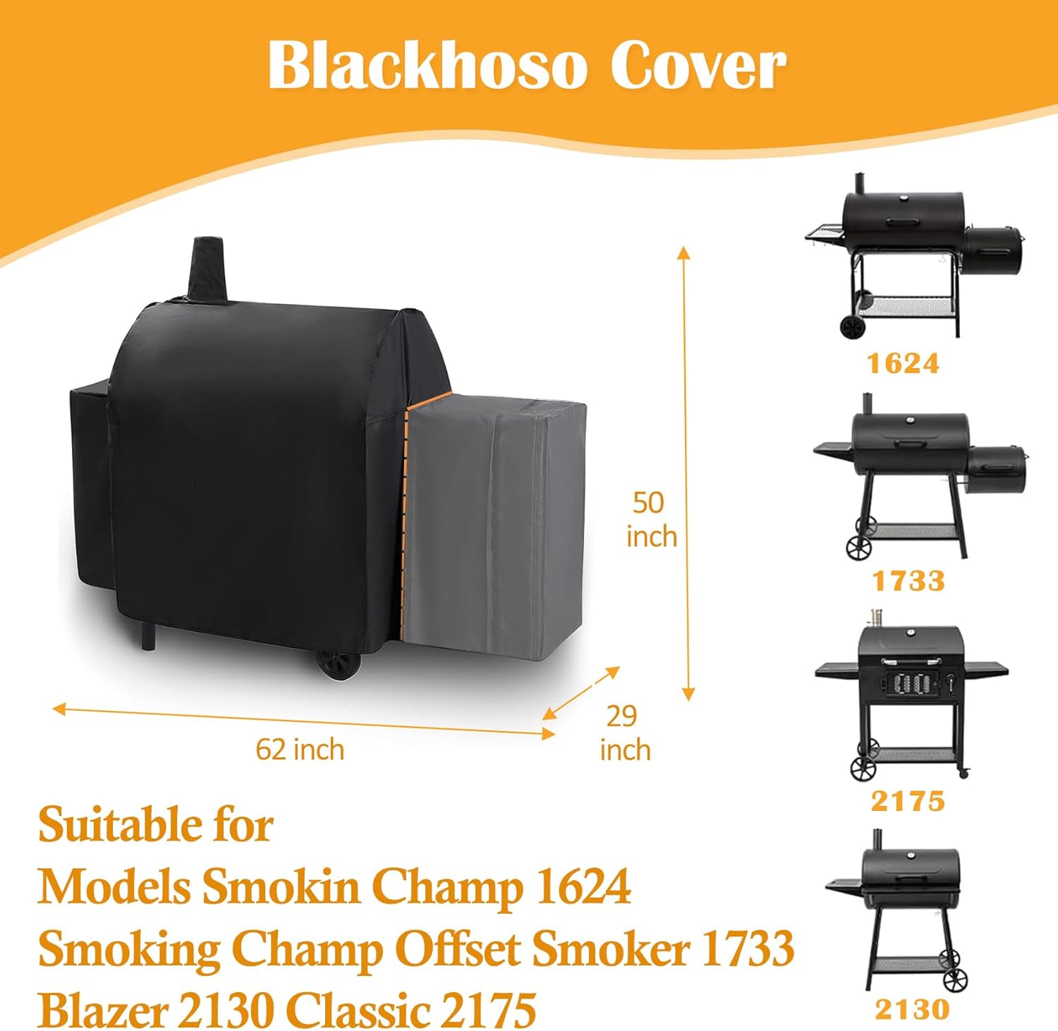 Grill Cover for Char-Griller Smokin Champ 1624 Smoking Champ Offset Smoker 1733, Blazer 2130 and Classic 2175, Heavy Duty Waterproof UV Resistant Cover, Outdoor BBQ Accessories