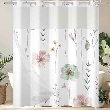 Orange Floral Shower Curtain No Hook w/Snap in Liner, Fabric Waterproof Heavy Duty Hotel Quality, Machine Washable & Quick Dry, Cute Modern Boho for Bathroom Stall, 72" W x 72" L