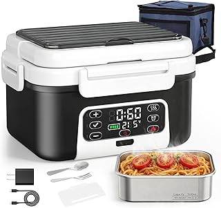 Fiambrera Eléctrica, 110W Fiambrera Calefactable Inalámbrica con Capacidad de 1,5L, Calentador de Alimentos de Acero Inoxidable, Fiambrera Autocalefactable con Bolsa Térmica para Viaje, Oficina