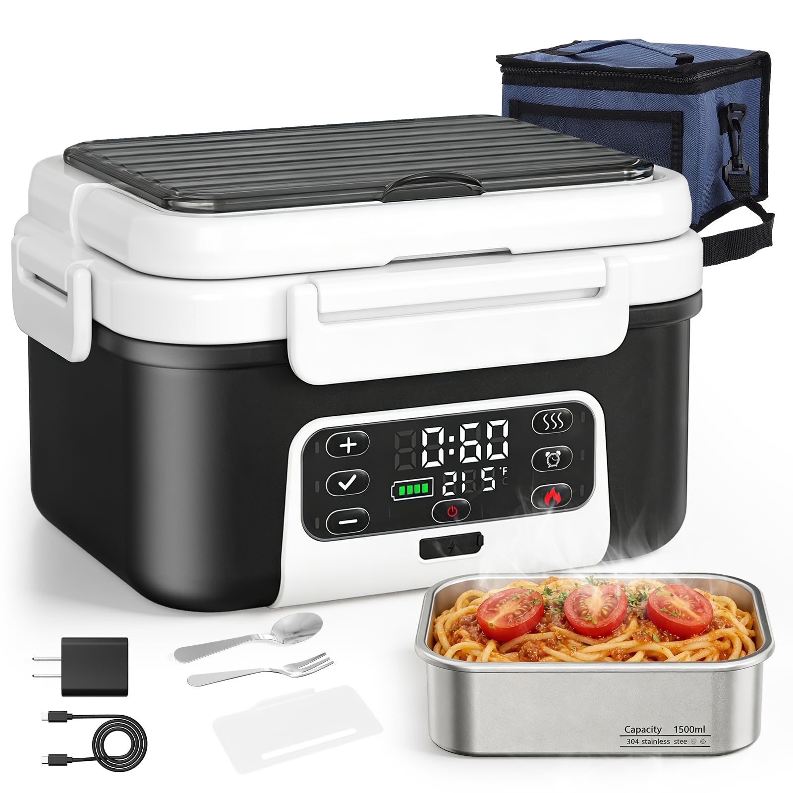 Fiambrera Eléctrica con Batería, 1,5L Taper Eléctrico para Comida Portátil, Tupper Calentador para Comida con 6 Modos de Calentamiento & Temporizador 24H, caja de almuerzo con calefacción programable