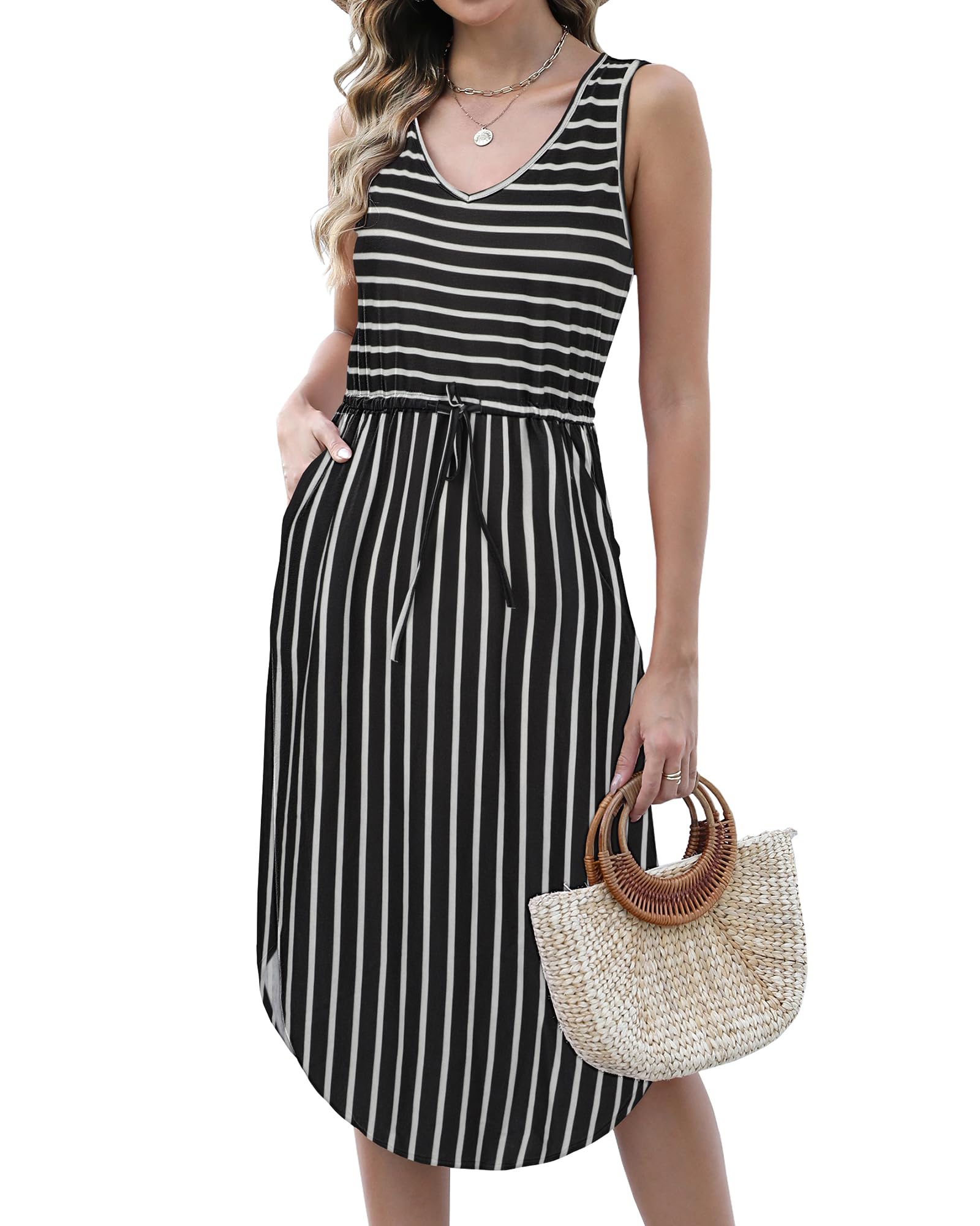Hount Womens V Neck Sleeveless Casual T Shirt Dress Summer Midi Dress with Pockets