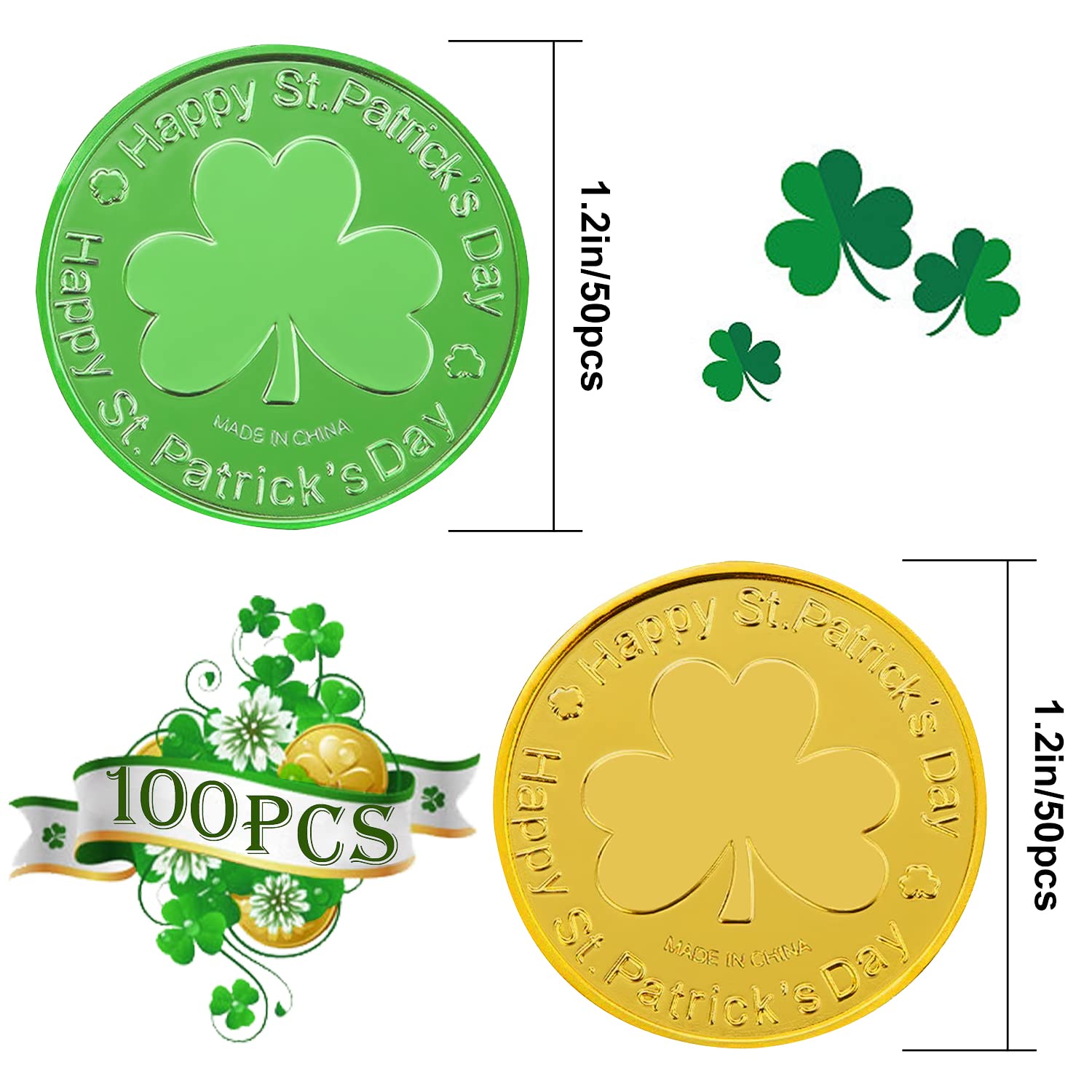 GCCL 100 Pieces St. Patrick's Day Gold Coins, Plastic Green and Gold Shamrock Tokens Lucky Leprechaun Coins - Image 2