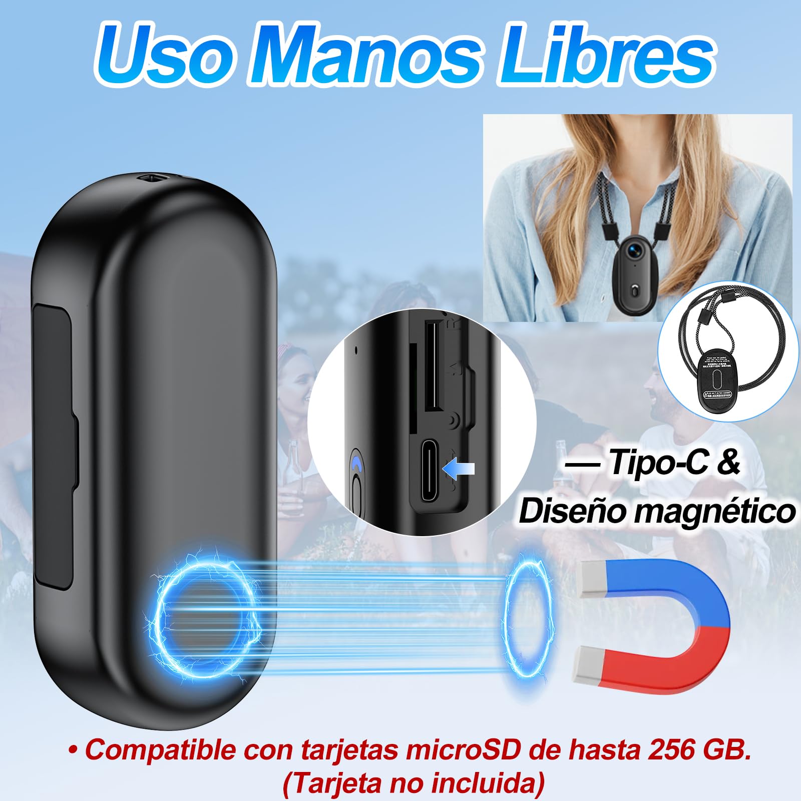 Camara 360 1080P WiFi 150° Impermeable 30m, Mini Bodycam | 2,5h Batería Autonomía, Compacto, Ligero, Soporte Magnético, App, MP4