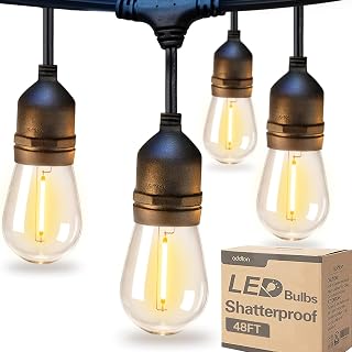 addlon 48FT LED Outdoor String Lights with Shatterproof Edison Bulbs, Weatherproof Commercial Grade for Patio Garden - ETL Listed