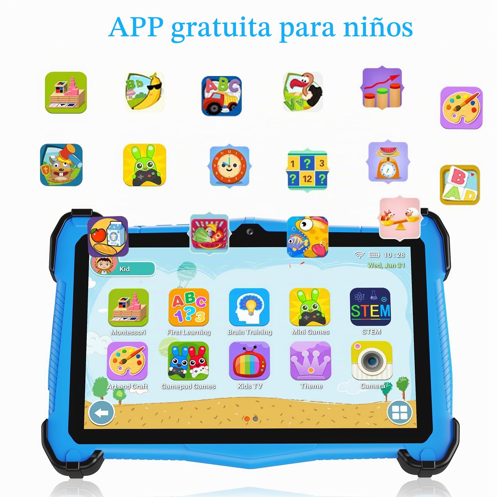 EagleSoar Tablet para Niños 10 Pulgadas, Android 14 con Procesador Octa-Core, Infantil 3 a 12 años, 10GB RAM+64GB ROM, App Aprendizaje para Niños Preinstalado y Controles Parentale(Azul)