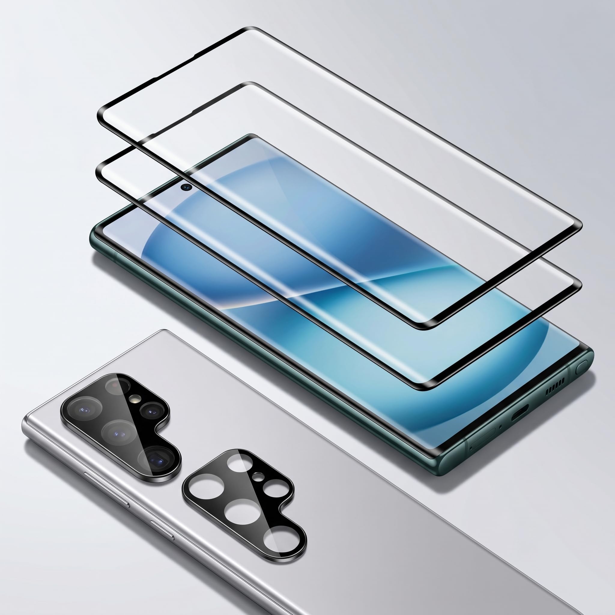 Photo 1 of 2 Pack Screen Protector for Samsung Galaxy S22 Ultra Tempered Glass with 2 Pack Camera Lens Protector, 9H Hardness HD Clear Anti Scratch Full Coverage Fingerprint Unlock Compatible Shield Film