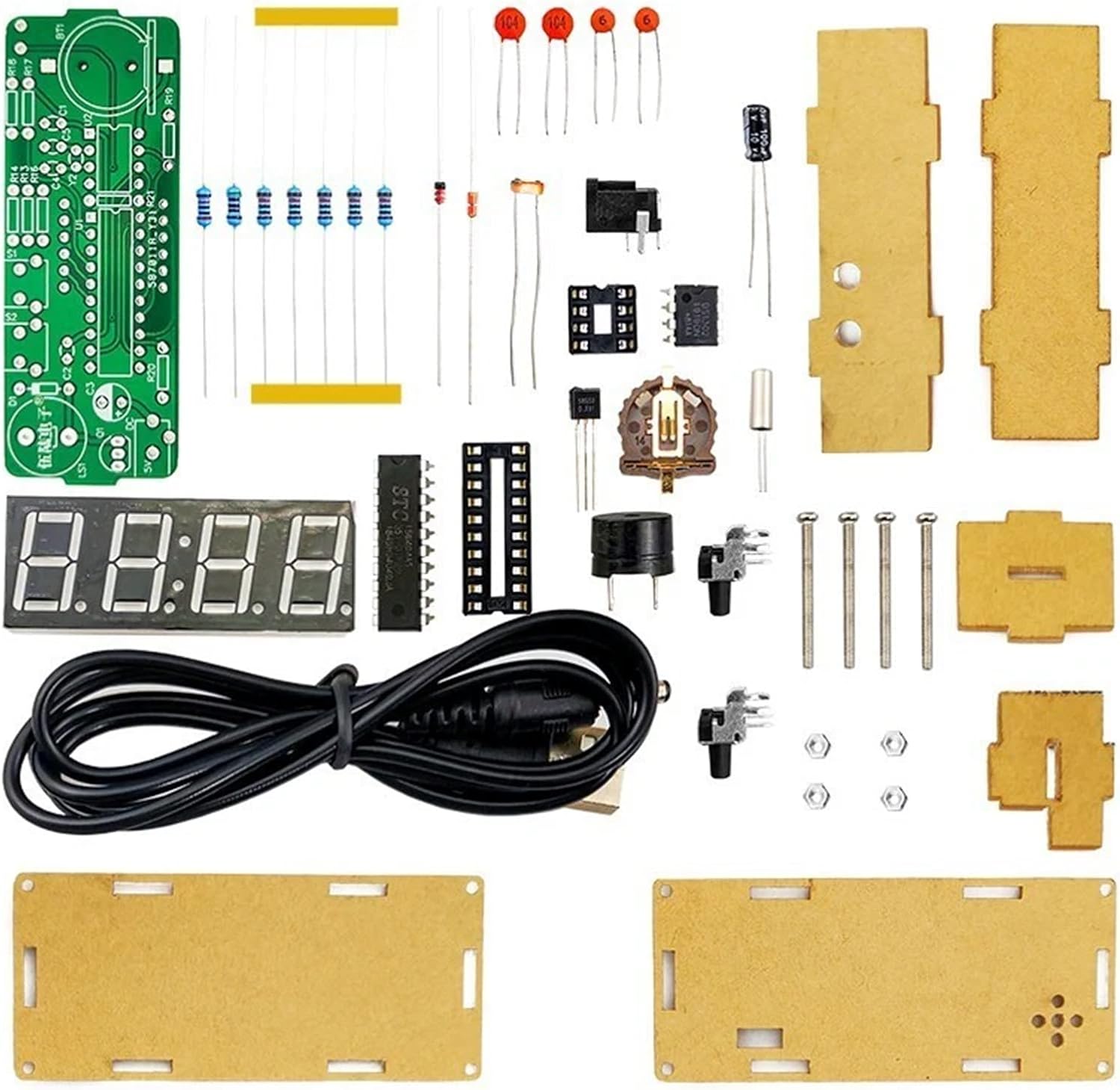 Electronic Clock Kit 51 Single-Chip Microcomputer Light-Controlled Temperature Date Display LED Electronic Clock Manufacturing(Green kit with Shell)