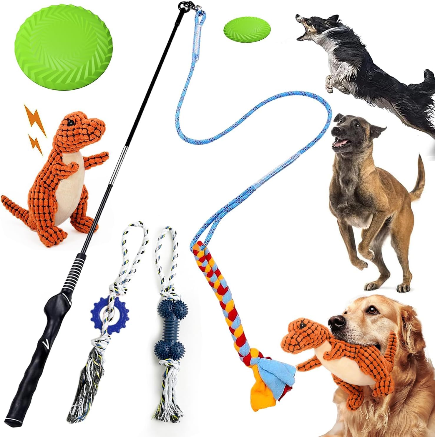 LIODUX5 Pcs Flirt Pole for Dogs Exercise Chase Tug of War, Durable Teaser Stick with Fleece Rope Lure for Outdoor Training, Stick Interactive Dog Toys for Small Medium Large Dogs (POLE-33 inch)