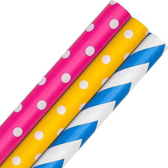 Hallmark Multi Occasion Wrapping Paper Bundle - 3 Rolls in 3 Colours and 2 Patterned Designs