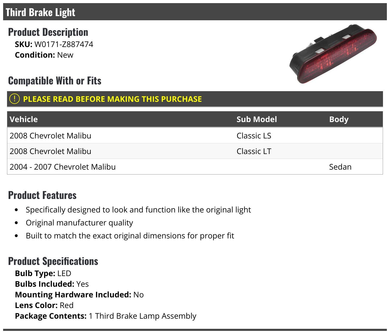 Marketplace Auto Parts 3rd Third LED Brake Light Lens with Bulbs- Compatible 2004-2008 Chevy Malibu Sedan