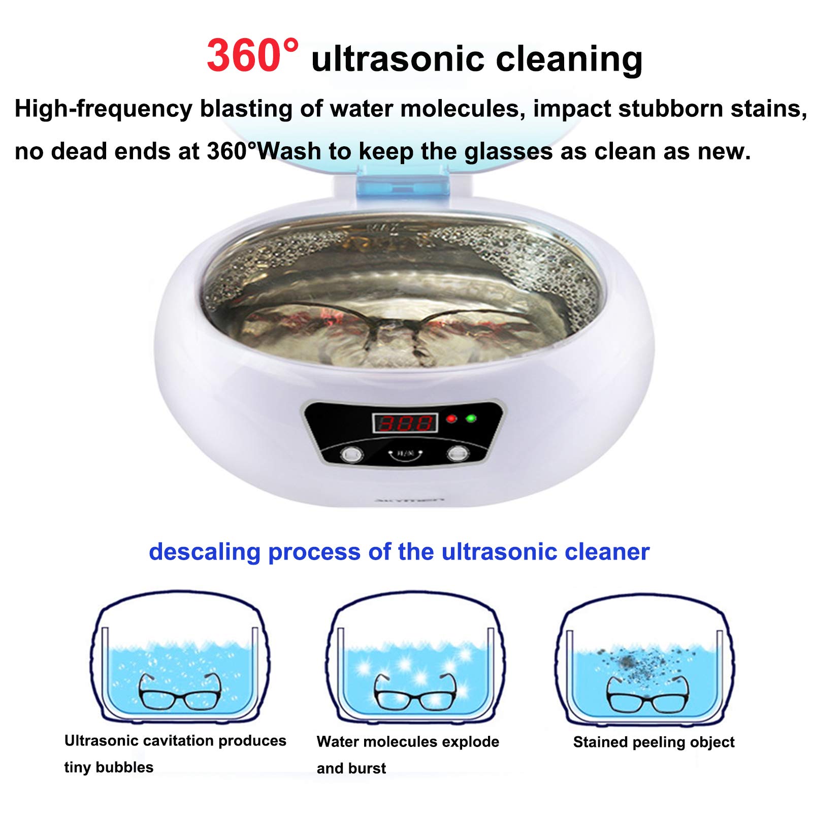 JHM-Limpiador Ultrasónico Gafas Profesional 600Ml,Limpiador de Baño de Joyería Ultrasónico 43Khz con Canasta de Limpieza Soporte para Reloj Temporizador Digital