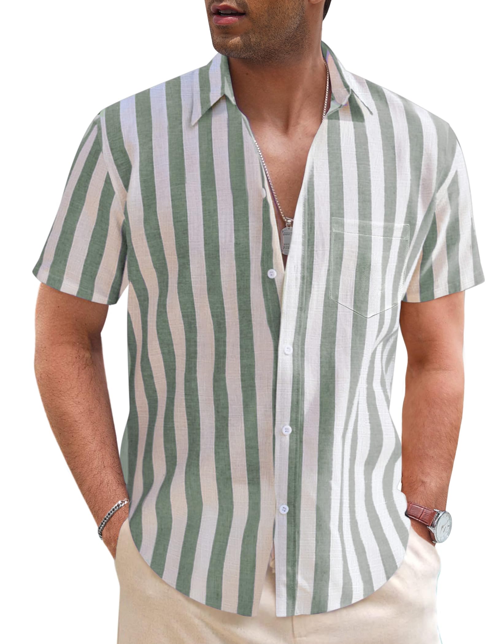 TARAINYA Camisas Rayas Hombre Lino Manga Corta Verano Causal Camisas Hawaianas Hombre Regular Fit