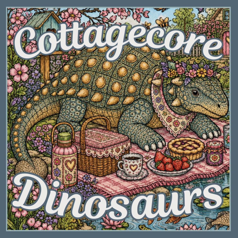 Cottagecore Dinosaurs Coloring Book: Cozy Scenes of Adorable Prehistoric Dinosaurs for Adults (Adult Coloring Dinosaur Themed)