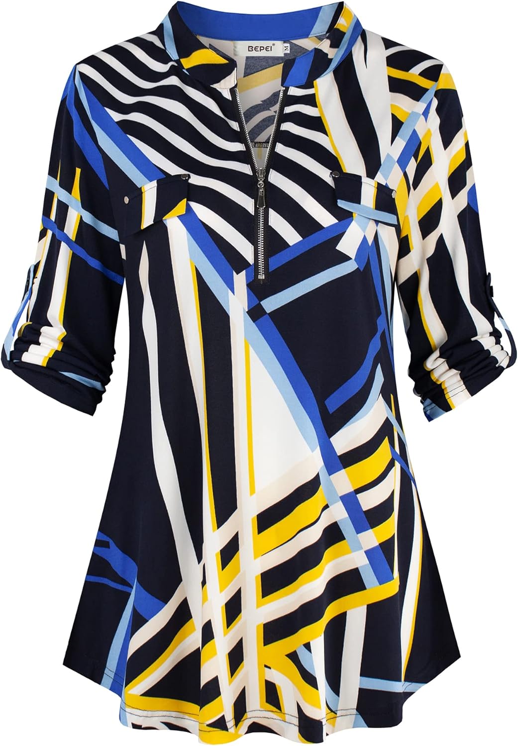 BEPEI Womens Floral 3/4 Sleeve Shirts Zip up V Neck Work Chiffon Blouses Top