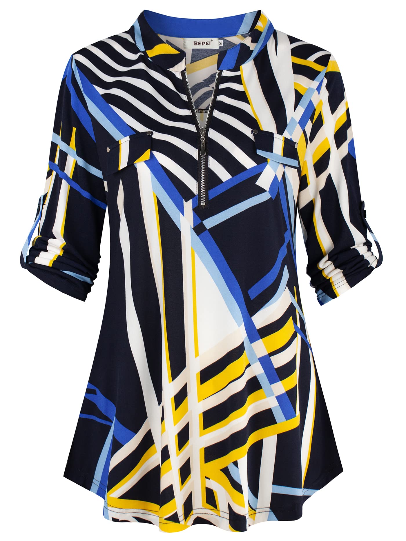 BEPEI Womens Floral 3/4 Sleeve Shirts Zip up V Neck Work Chiffon Blouses Top