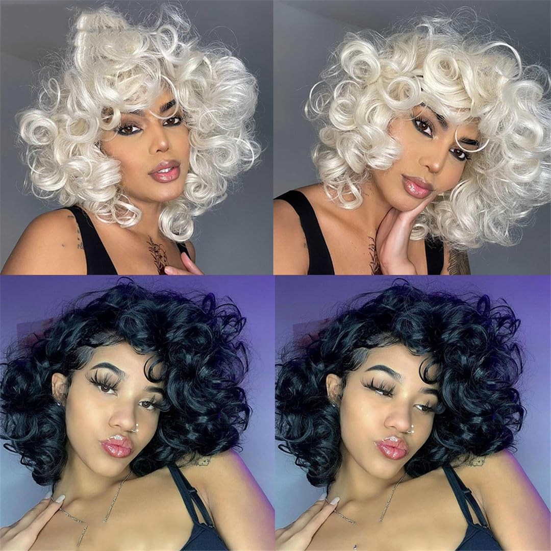 Wjnvfioo Short Hair Afro Curly Wig With Bangs For Black Women Cosplay Fluffy Glueless Mixed Brown Natural Wigs