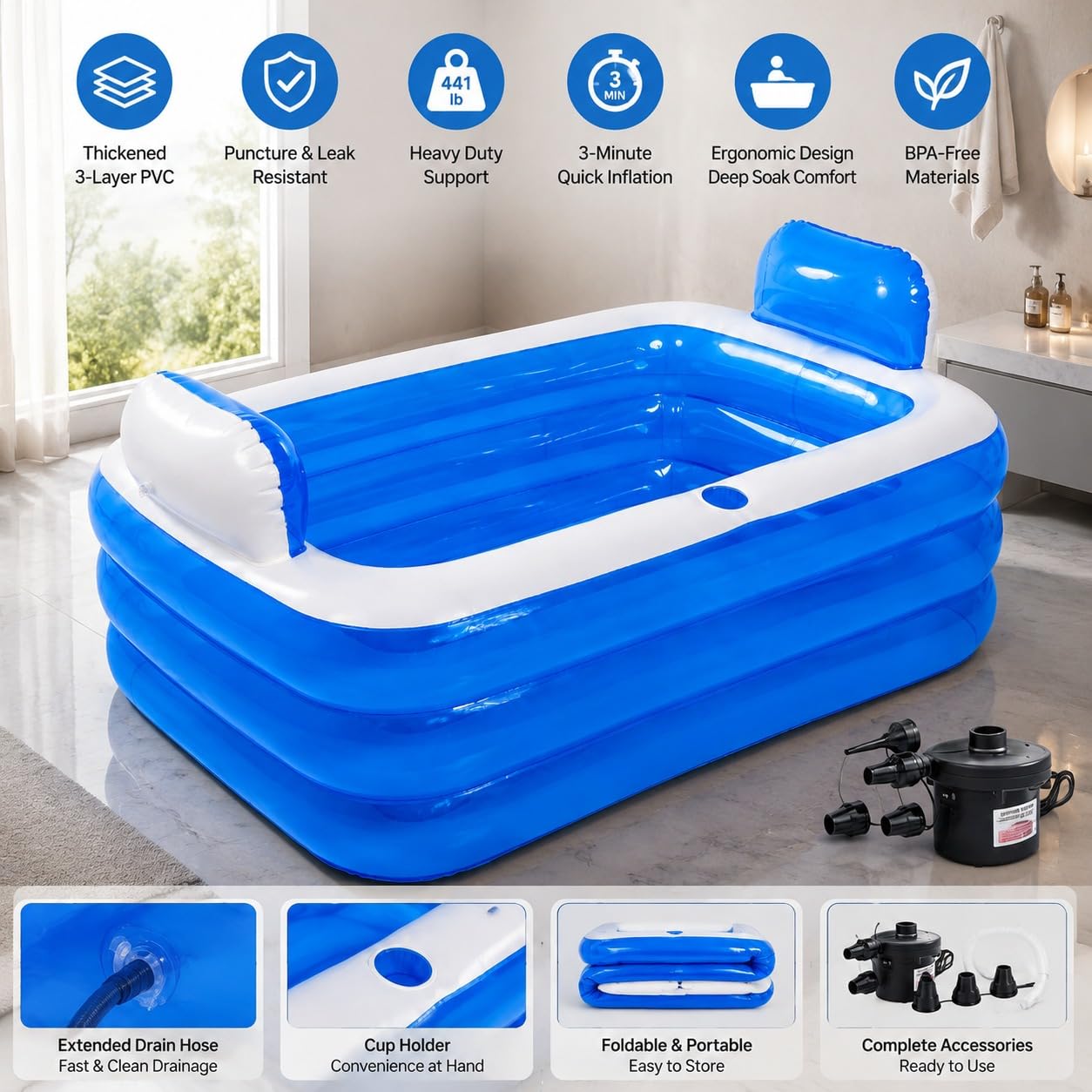 Doppelte aufblasbare Badewanne für 2 Erwachsene – robuste 3-lagige PVC-aufblasbare Badewanne mit elektrischer Luftpumpe, freistehend, faltbar, Whirlpool-Badewanne für drinnen und draußen, inklusive