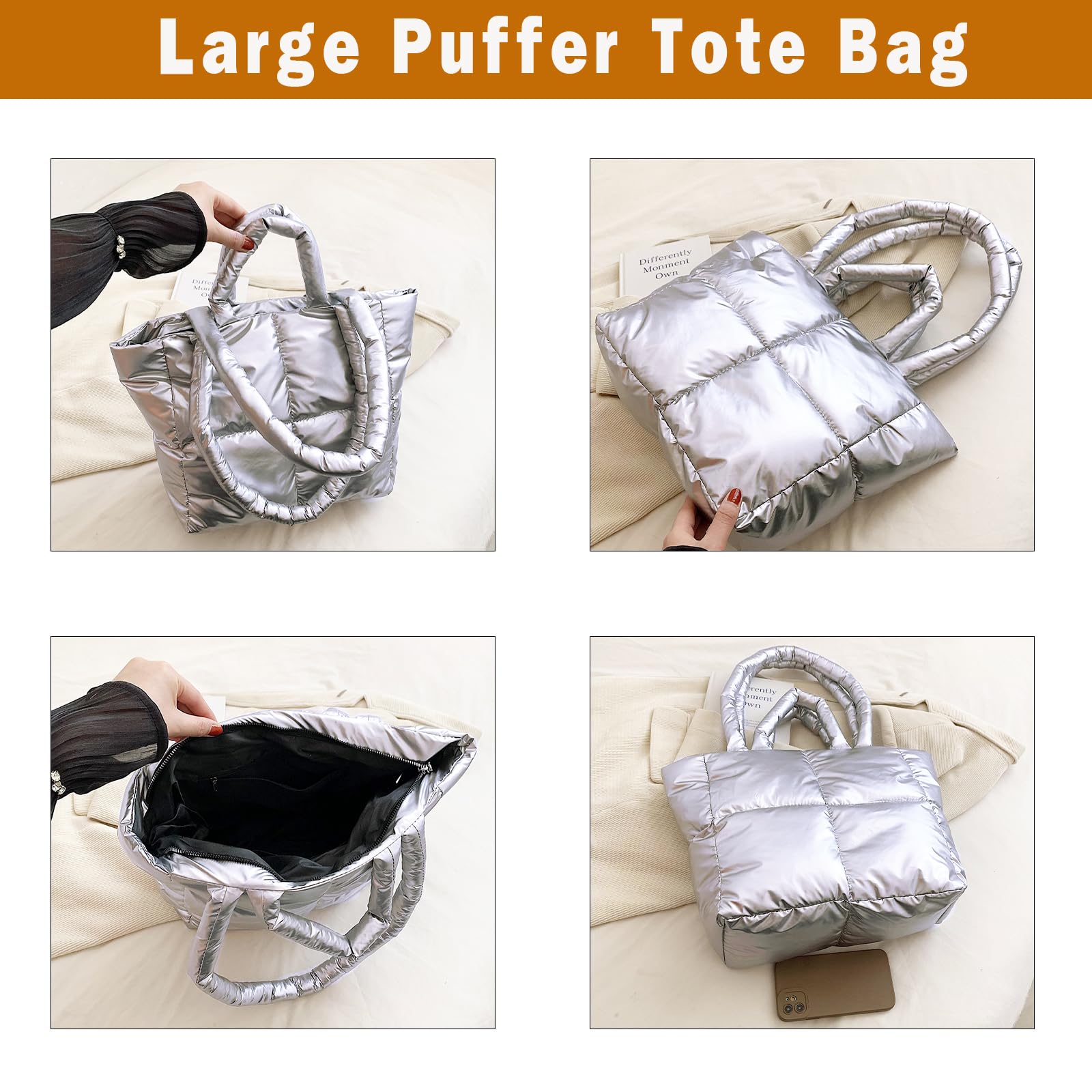 ATQCOL Puffer Tote Bag for Women,Light Weight Quilted Puffy Shoulder Handbag,Padded Down Hobo Purse for Girl(Silver)